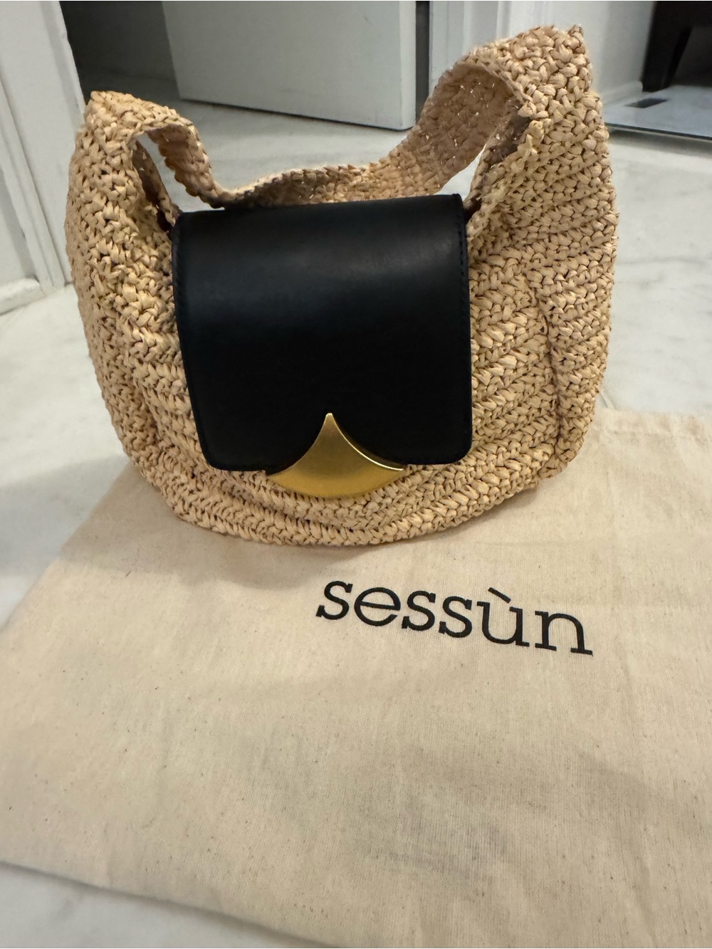 Sessun Straw crochet Shoulder Bag with Black Leather gold accent Flap
